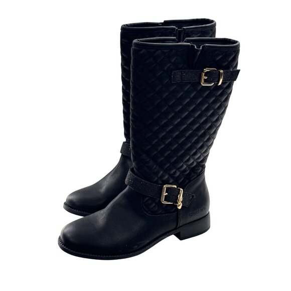 Skechers Other - Skechers Girls Black Quilted Knee-High Boots With Gold Buckles & Side Zippers -